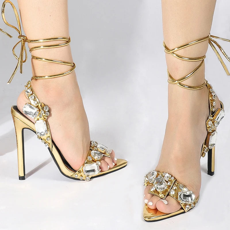 Crystal Diamond Ankle Strap Sandals Embellished — Gold | KIMLUD
