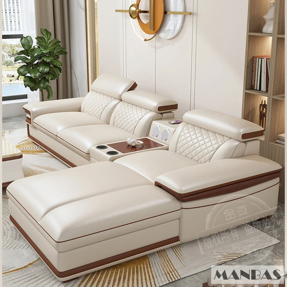 Genuine Italian Leather Sofa Set With Adjustable Headrests — Ivory | KIMLUD