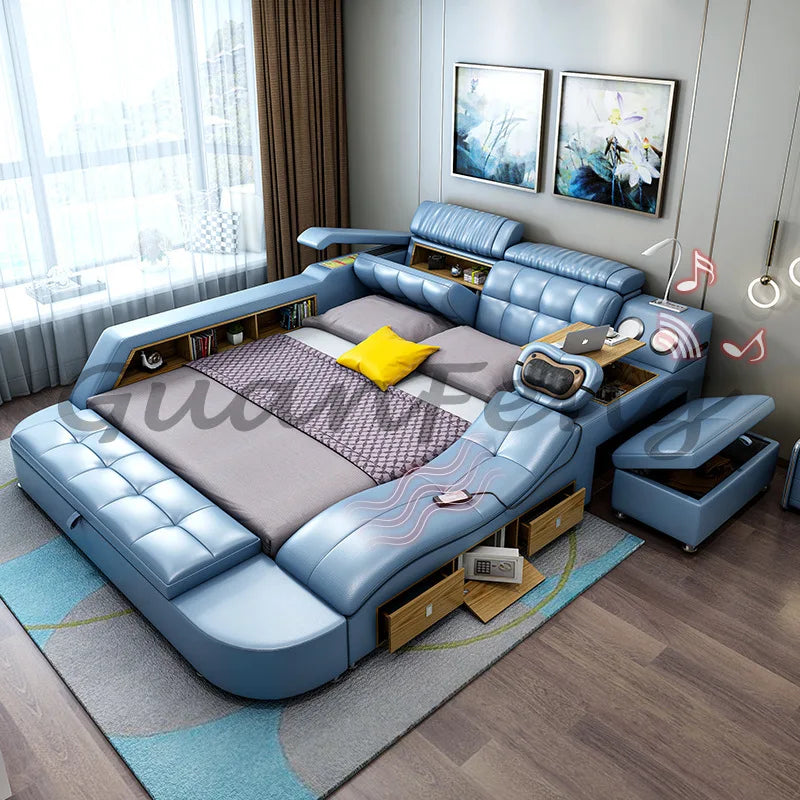 Hotsale Luxury Leather Smart Bed Multifunctional Bed Tatami King Size Platform Upholstered Fabric Soft Bed Storage Music Speaker