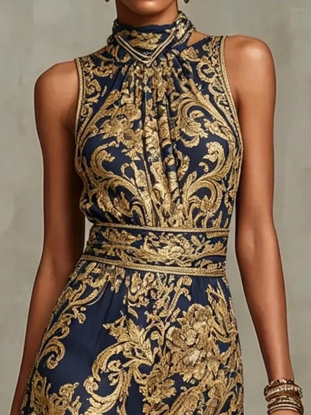 Maxi Dress – Baroque Print Halter Neck – Polyester A-Line | KIMLUD