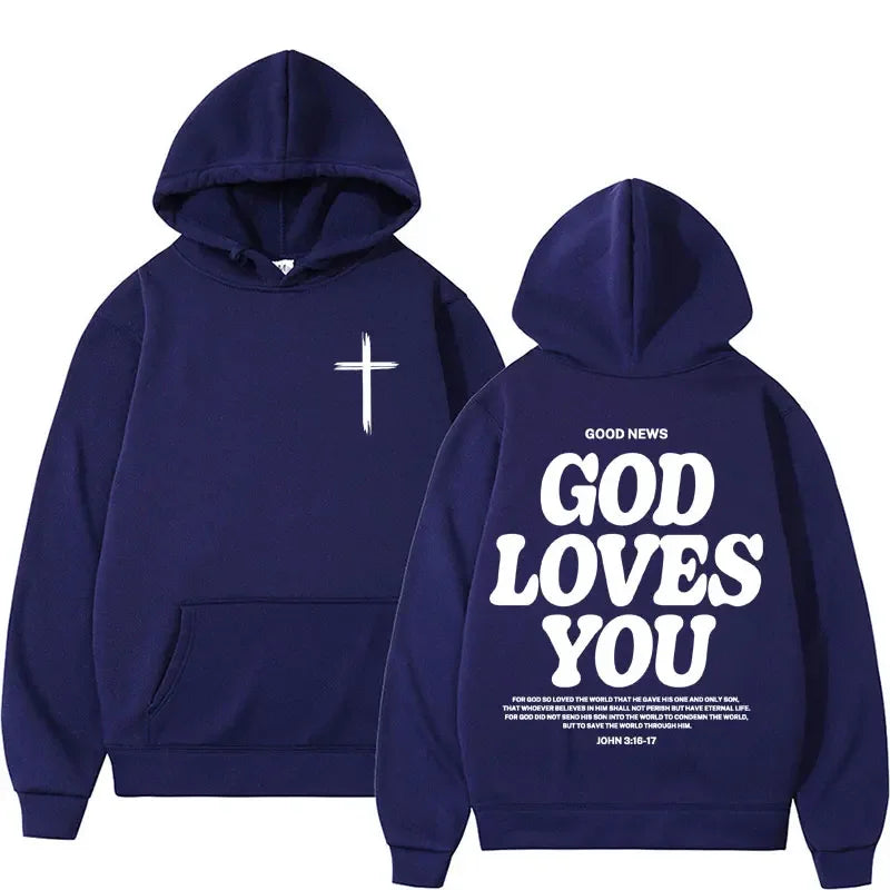 Hooded Sweatshirt – Bible Verse God Loves You – Vintage Streetwear | KIMLUD