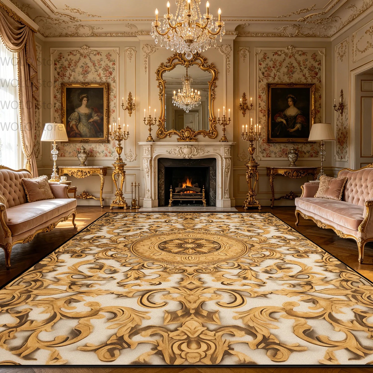 Luxurious Rococo Geometric Area Rug — Gold | KIMLUD