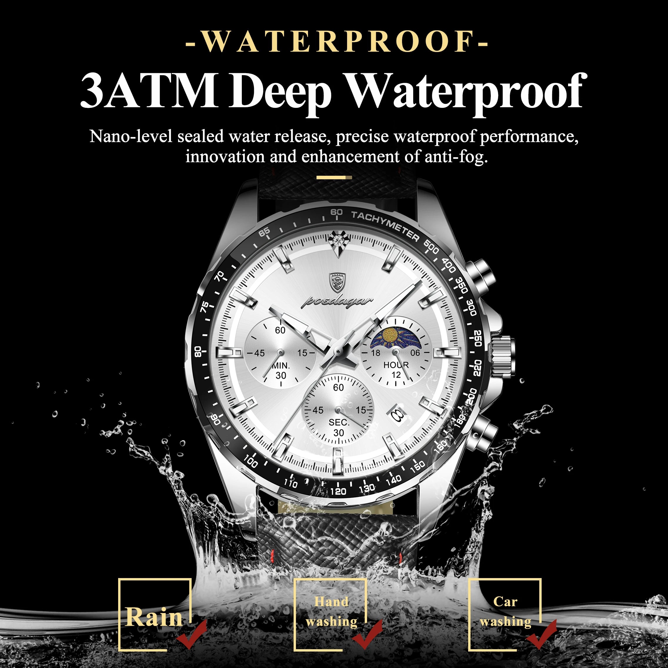 Leather Watch Chronograph Luminous Hands Date Waterproof 3ATM Sport Casual — Silver | KIMLUD