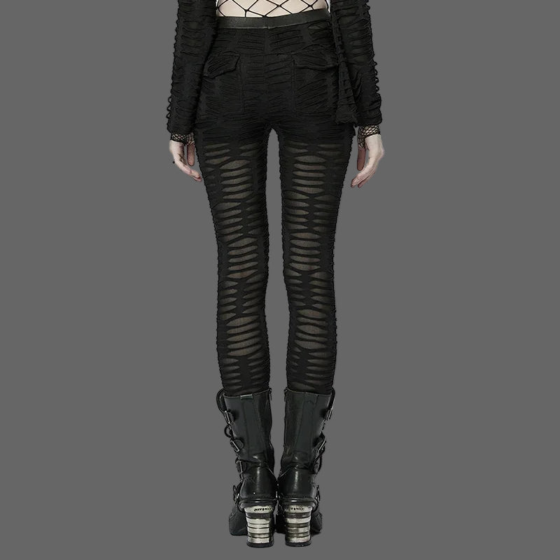 PUNK RAVE Women's Gothic Decayed Slim-fit Leggings Punk Meta Eyelets Webbing Personality Thin Black Pants Spring/summer