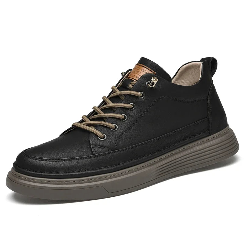 High Top Hiking Shoes – Height Increasing – Leather – Beige | KIMLUD