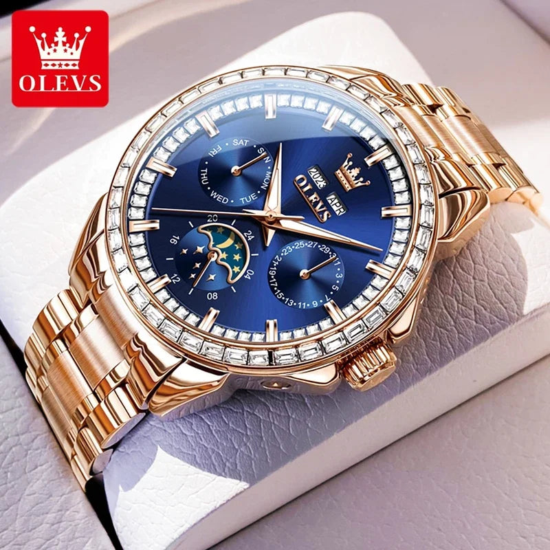 OLEVS 6695 NEW Men's Watches Full Multifunctional Dial Blue Leather Strap Calendar Week Moon Phase Waterproof Wristwatch