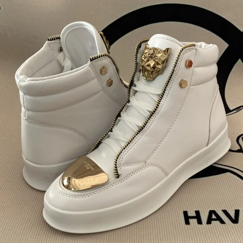 Artificial Leather High-Top Sneakers With Zip Decoration — Black | KIMLUD