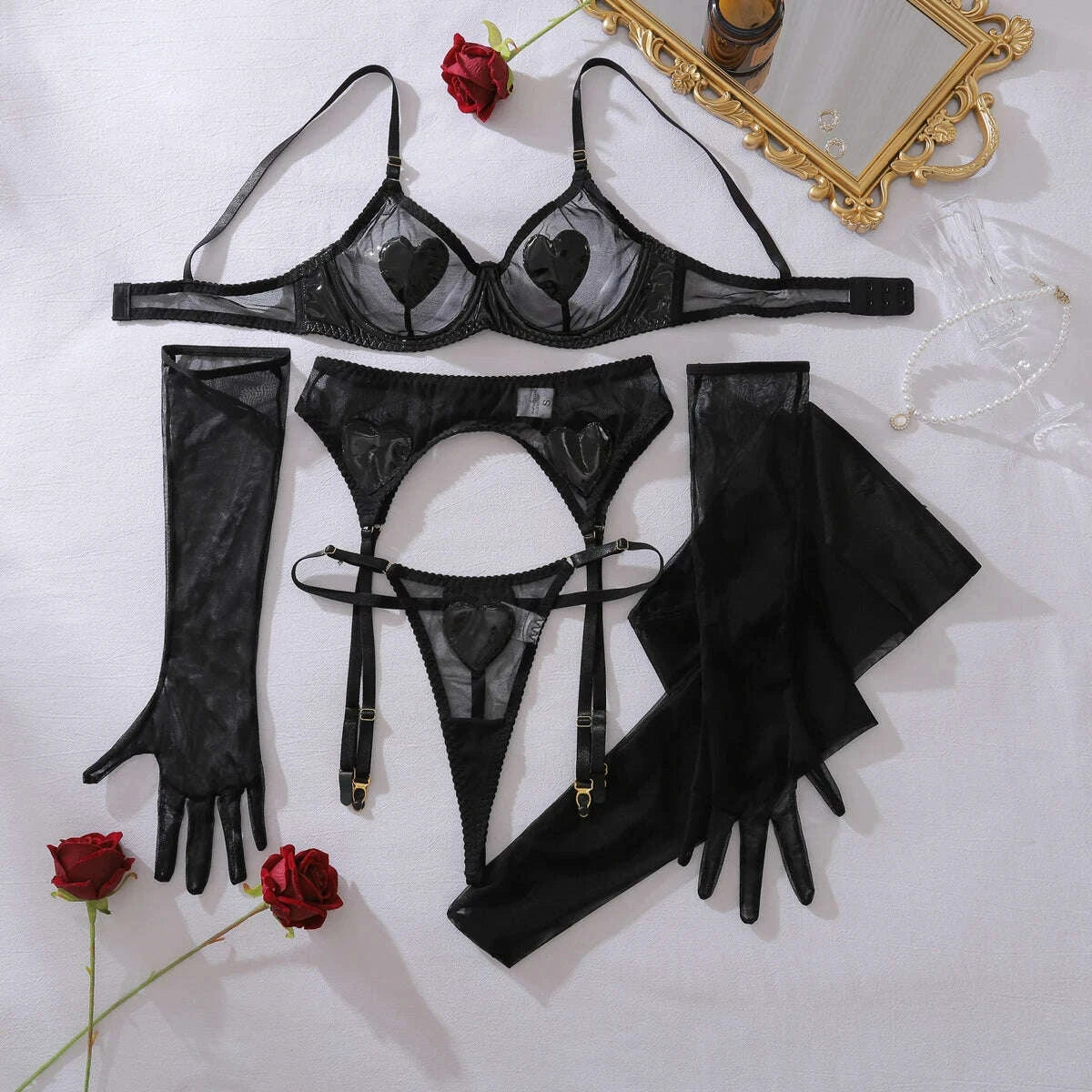 KIMLUD, Ellolace Fantasy Lingerie Sexy Women Heart Leather Splicing Bra 3PC with Gloves&Stockings Romantic Fetish See Through Underwear, KIMLUD Womens Clothes