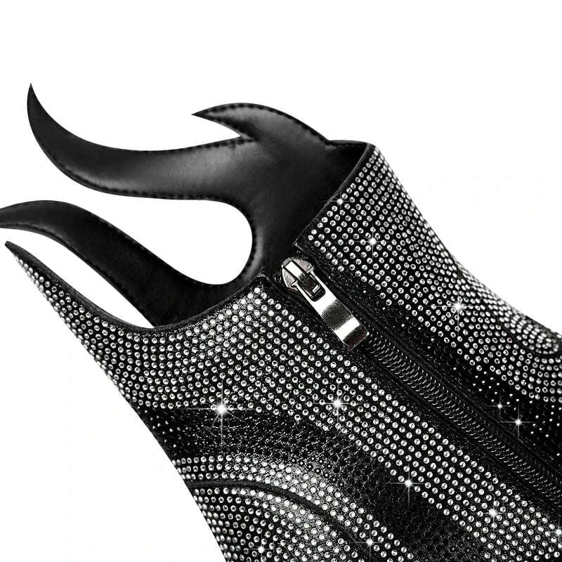 KIMLUD, Women's new spring and autumn pointed fashion show rhinestone high heels, plus size zipper calf fashion boots, KIMLUD Womens Clothes