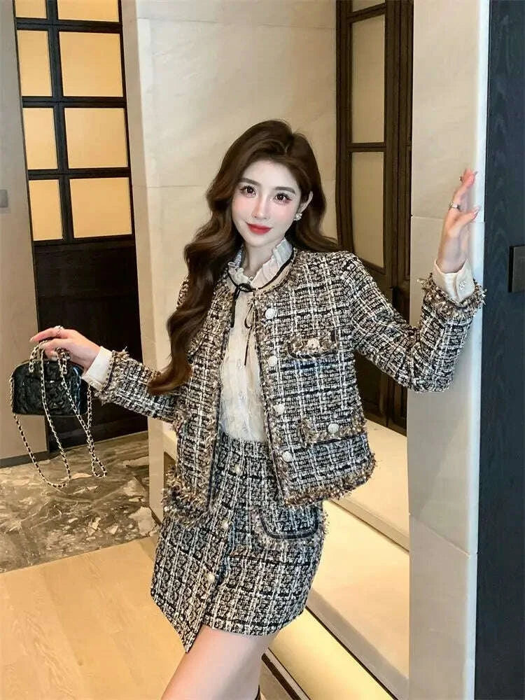 KIMLUD, 2025 Autumn Winter New Chic Two-Piece Skirt Women's Fashion Loose Burrs Elegant Sweet Tweed Jacket+Skirt Female Two-Piece Suit, KIMLUD Womens Clothes