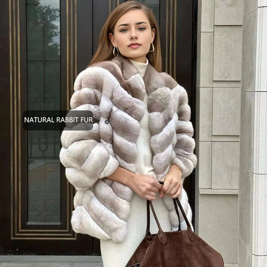 KIMLUD, Natural Rabbit Fur Coat Women Chinchilla Colored Real Fur Coat Women Furry Jacket Women New Arrivals Hot Selling, KIMLUD Womens Clothes