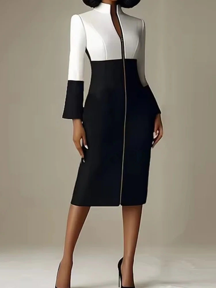 2025 Women's Bodycon Dresses Elegant Contrast Color V-neck with Zipper Long Sleeves Formal Occasion Office Splicing Midi Dresses