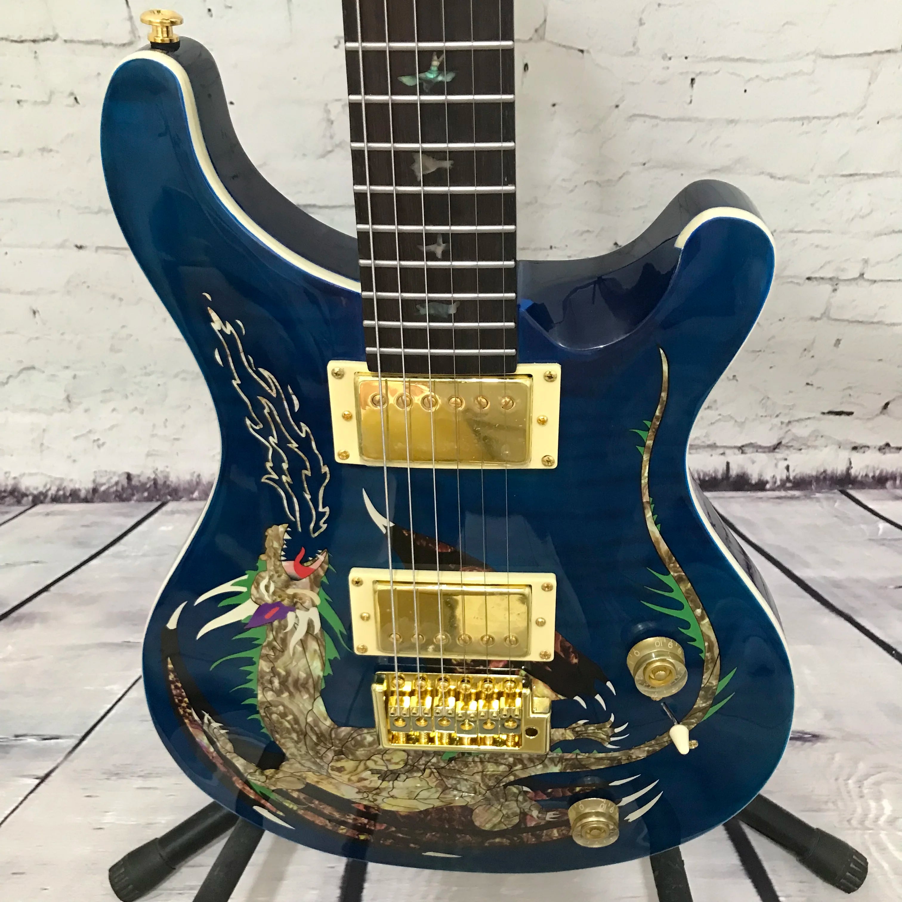 Mahogany Dragon Inlay Electric Guitar — Blue | KIMLUD