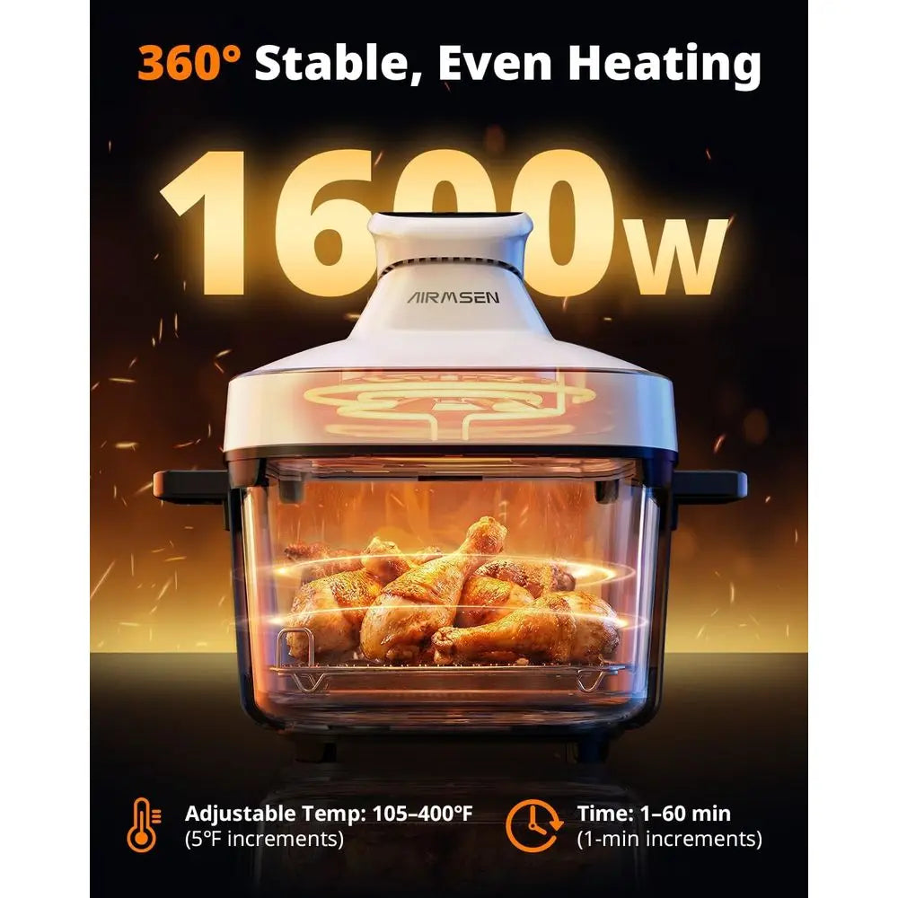 6.3 Qt Glass Air Fryer, 4 Settings & Manual, 105-400℉ Heat, 95% Less Oil, Auto-Pause, Safe for Dishwasher