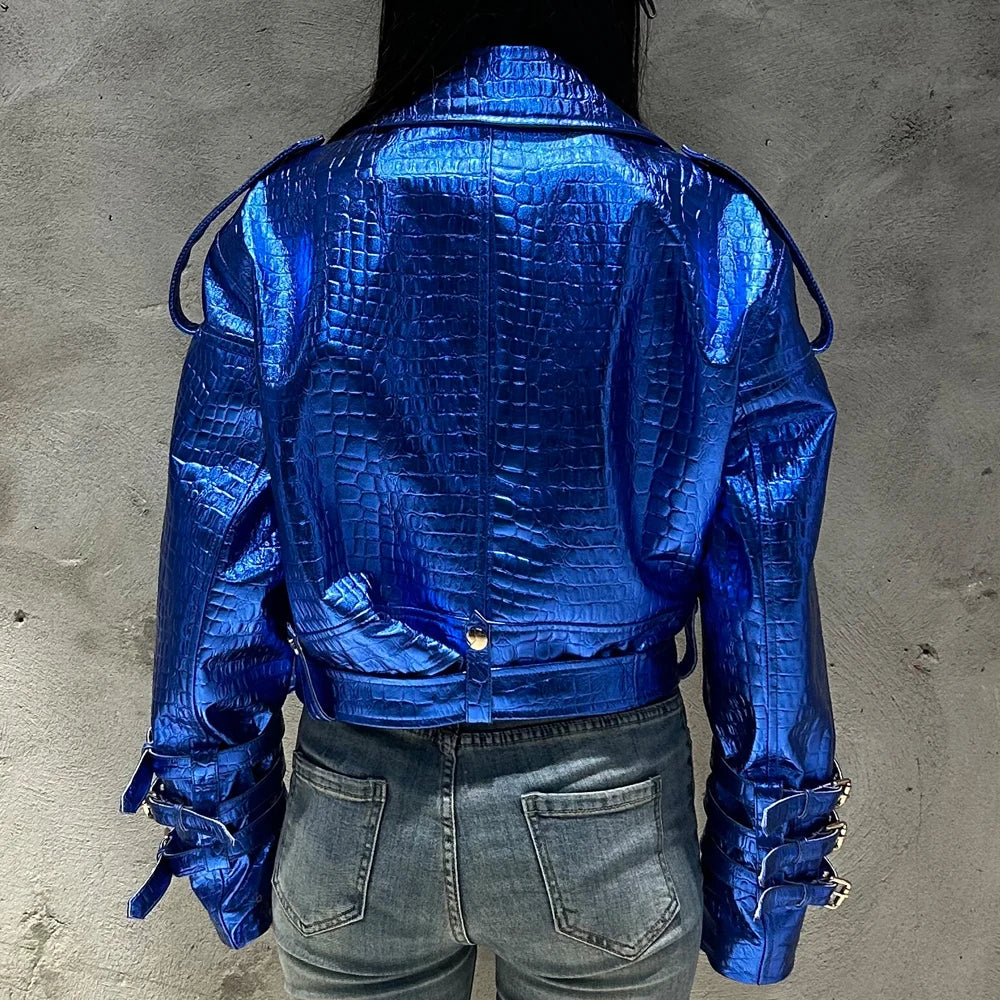 Shiny Blue Women Leather Jacket Real Lambskin Leather Cloth Streetwear Leather Jackets