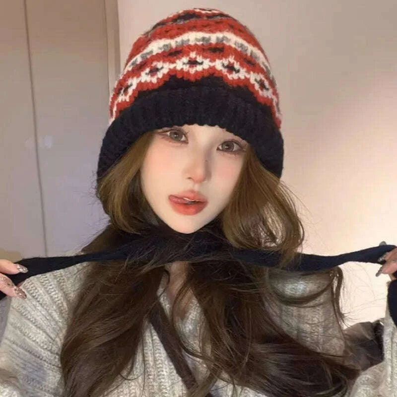 KIMLUD, Ethnic Style Striped Spliced Knitted Hat Women Autumn Winter Caps Multifunctional Crossbody Bag Ear Protection Drawstring Hats, KIMLUD Womens Clothes