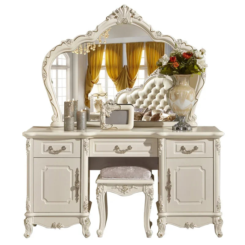 Wooden European Luxury Vanity Table With Arch Mirror — White | KIMLUD