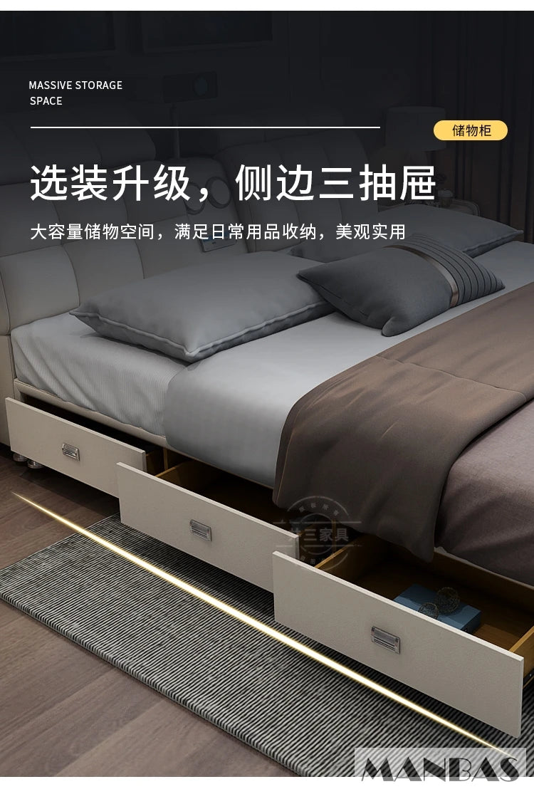 Genuine Leather Bed Frame Smart Multifunctional Tech — Ivory | KIMLUD