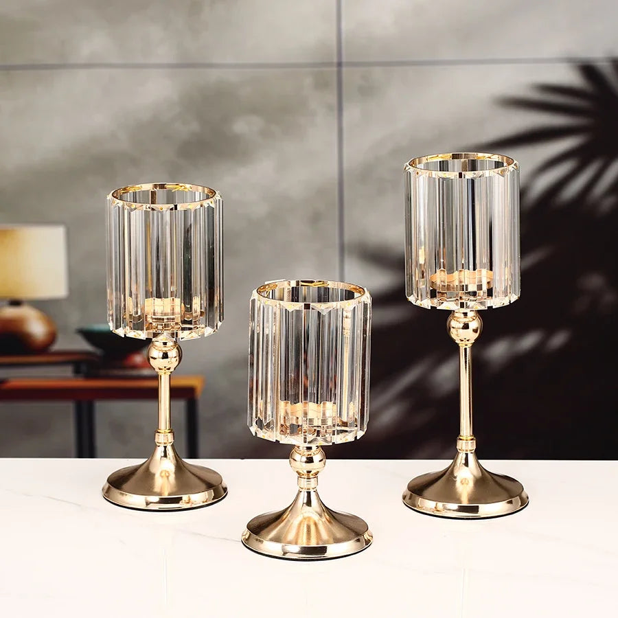 Crystal Gold-Toned Pillar Candle Holder For Dining Tables — Gold | KIMLUD