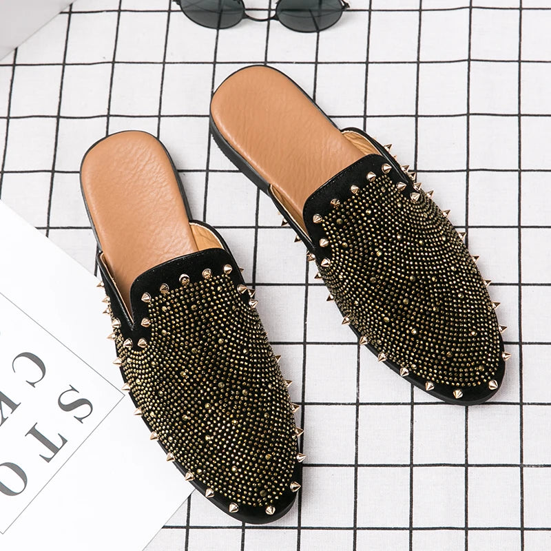 Patent Leather Mules With Gold Rivet Rhinestones And Punk Edge For Nightlife — Black | KIMLUD