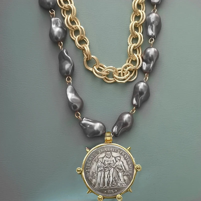 Choker Necklace - Coin Charm Pendant - Cubic Zirconia - Grey | KIMLUD