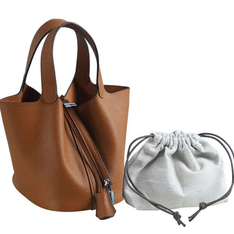 KIMLUD, Various Genuine Leather Luxury Bag Fashion Women's Handbag Vegetable Basket Style Portable Women Bucket Bag with Lock, KIMLUD Womens Clothes