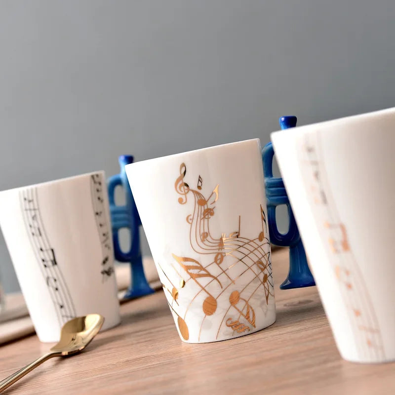 Bone China Mug With Music Note Motif And Delicate Guitar Handle — White | KIMLUD