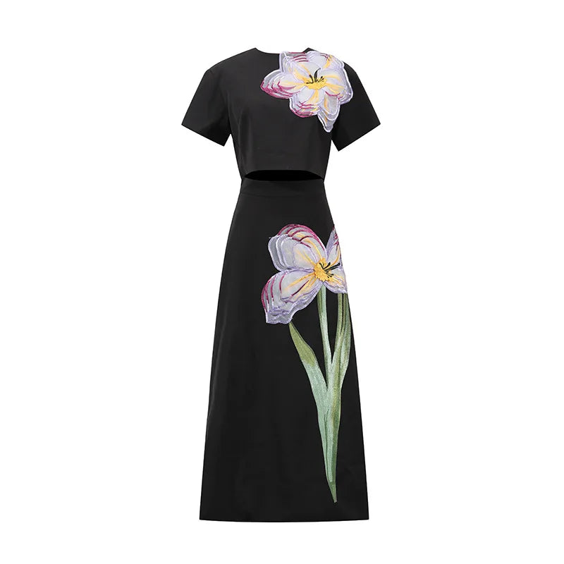 Women's Temperament Elegant Three Dimensional Flower Skirt Two Piece Set Slit Backless Cropped Top High Waist A-line Skirts Sets