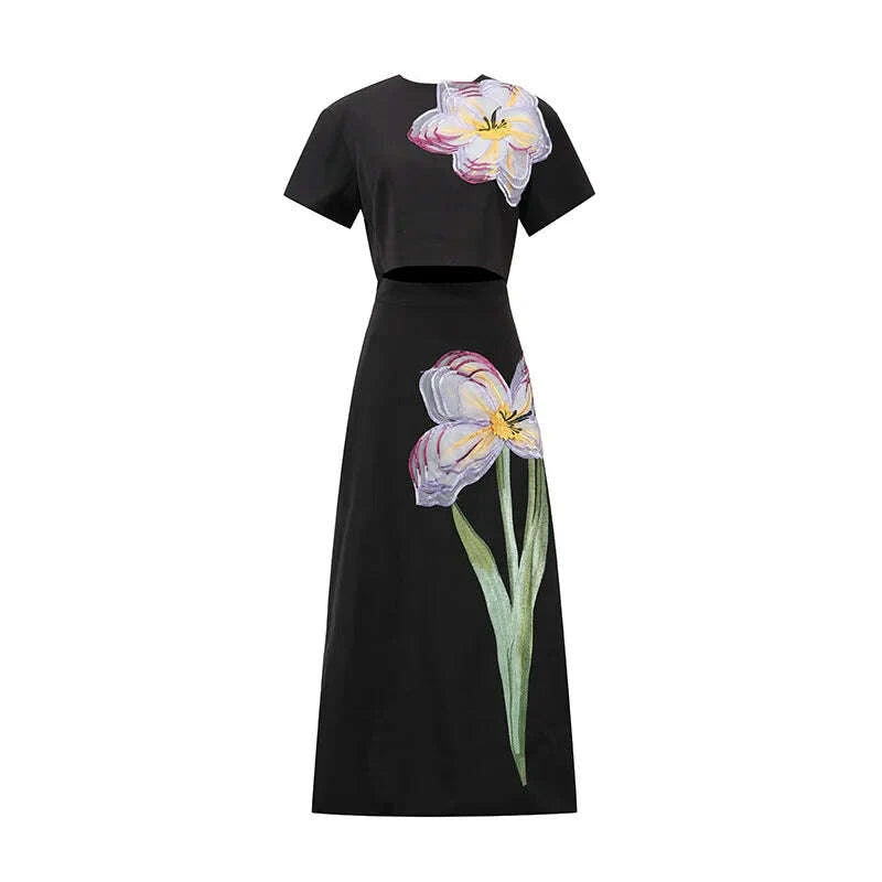 KIMLUD, Women's Temperament Elegant Three Dimensional Flower Skirt Two Piece Set Slit Backless Cropped Top High Waist A-line Skirts Sets, KIMLUD Womens Clothes