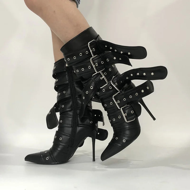 Onlymaker Women Pointed Toe Mid-Calf Boots Buckle Strap Thin High Heel Lady Zipper Female Stiletto Boots