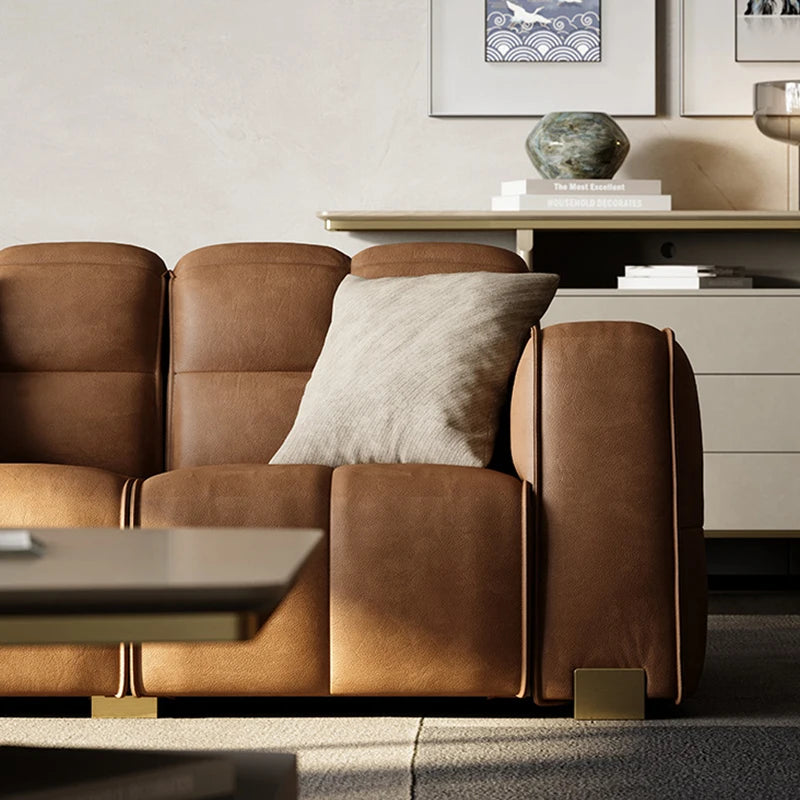 Leather Minimalist Sofa Bed Multifunctional Design Premium Italian Leather — Caramel | KIMLUD