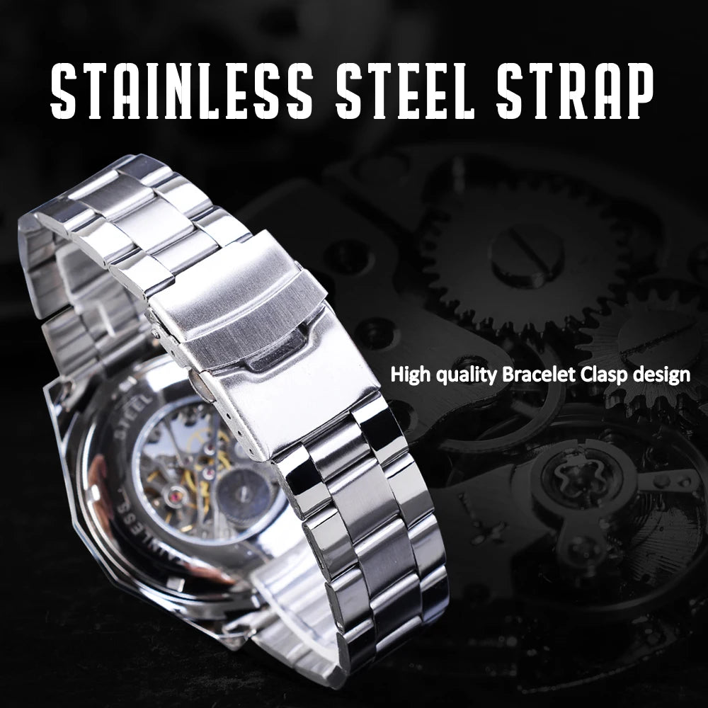 Stainless Steel Skeleton Watch Luminous Hands — Black | KIMLUD
