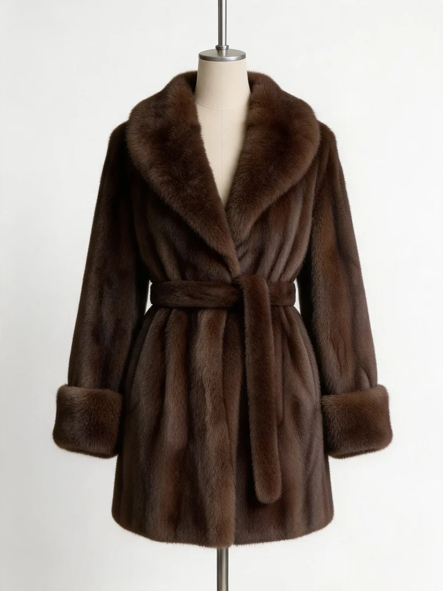 Faux Mink Fur Coat – Wrap Belted Lapel Collar – Mid Length – Brown | KIMLUD