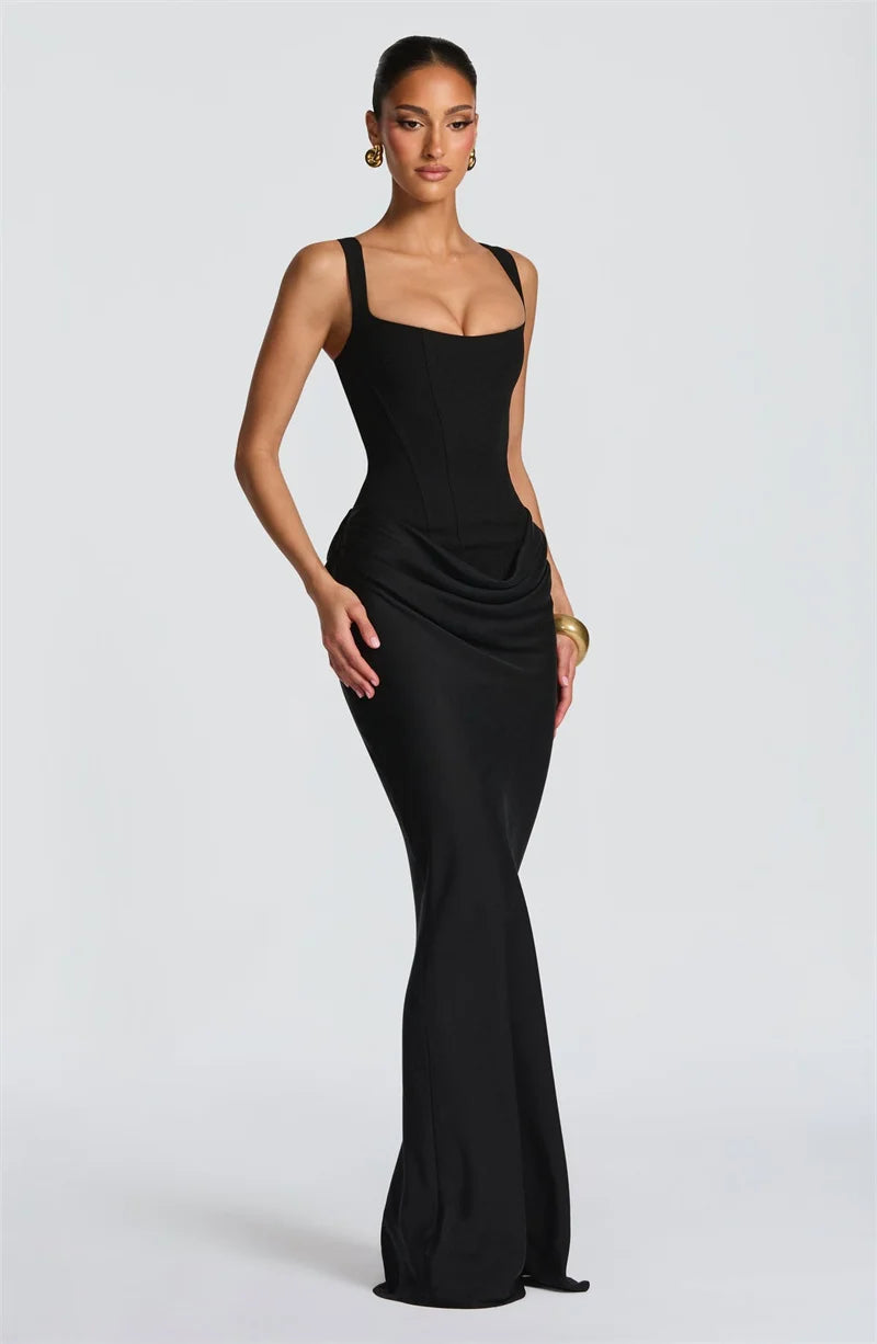 Backless Maxi Dress With Square Collar — Burgundy | KIMLUD