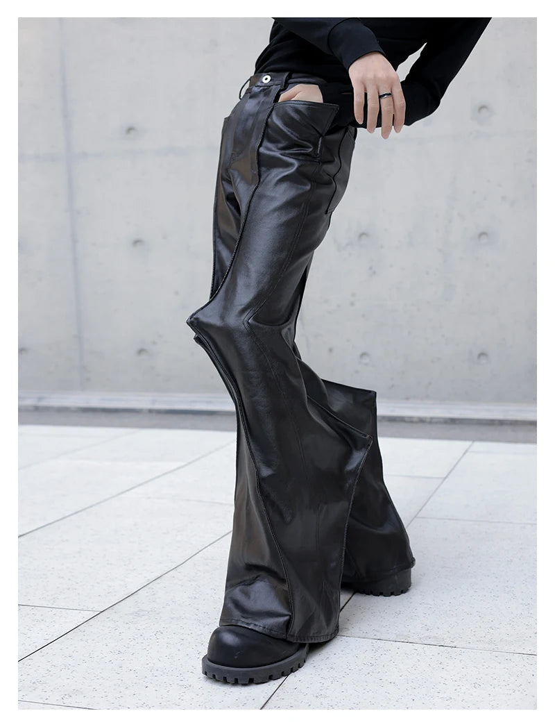 Mauroicardi Autumn Long Black Waterproof Hard Pu Leather Flare Pants Men Cool Luxury Designer Clothes Streetwear Runway Fashion