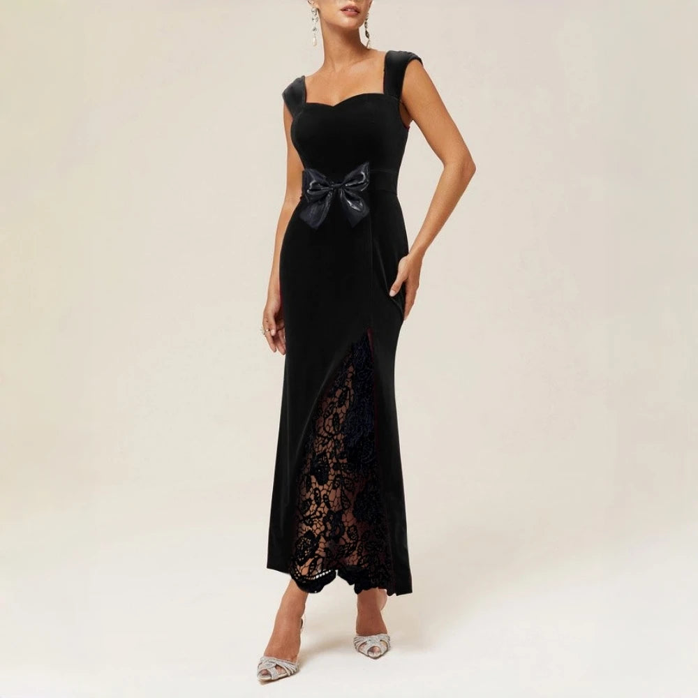 Velvet Maxi Dresses With Bow Waist Lace Patchwork — Black | KIMLUD