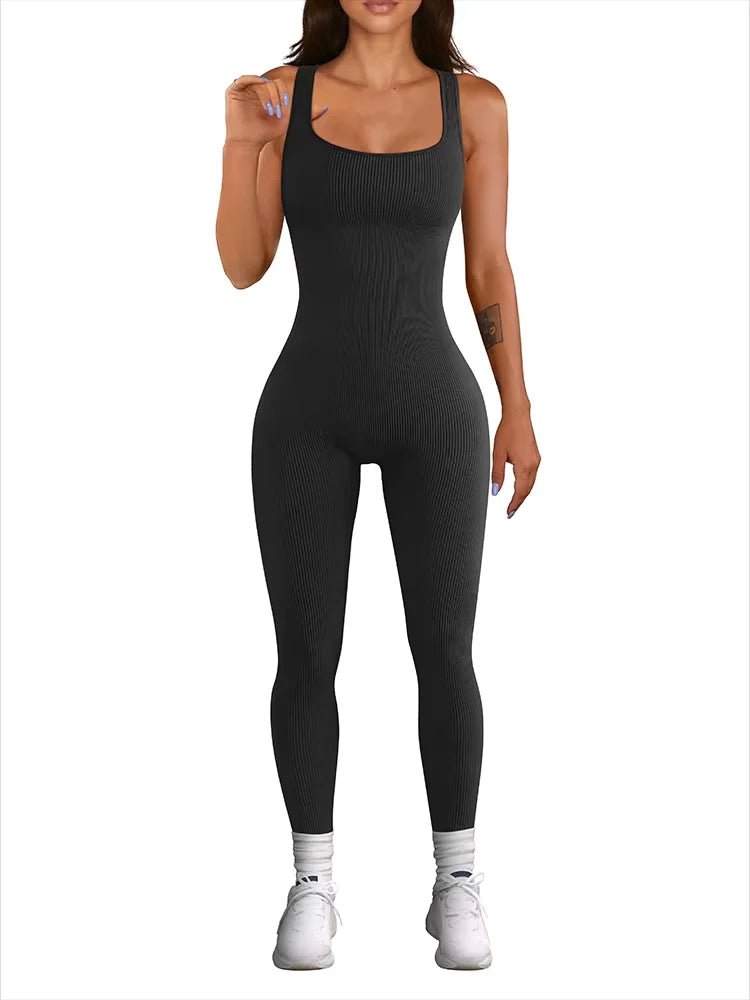 Women's Sleeveless Yoga Jumpsuit Exercise Ribbed Square Neck Vest High Waist Fitness Sports One-piece Yoga Suit