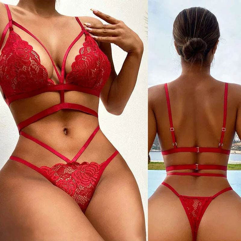 KIMLUD, Sexy Fancy Bow Tie Underwear Women Sexy Lingerie Lace Hollow Out Bra Set Erotic Bikinis Porn 2Piece Sex Set Transparent Clothes, KIMLUD Womens Clothes