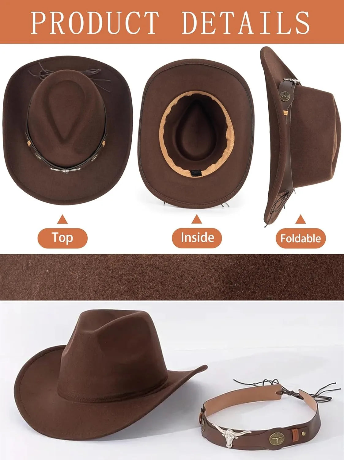 Felt Cowboy Hat Rolled-Up Buckle-Belt Turquoise-Band Bling-Star — Chocolate Brown | KIMLUD