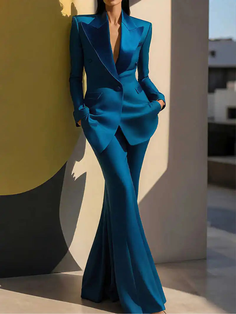 Polyester Solid Tailored Blazer Pants Set — Teal | KIMLUD