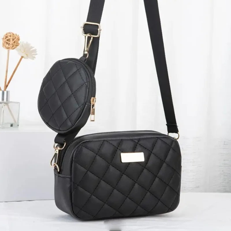 Quilted Two-Piece Crossbody Bag Set With Detachable Mini Purse — Black | KIMLUD