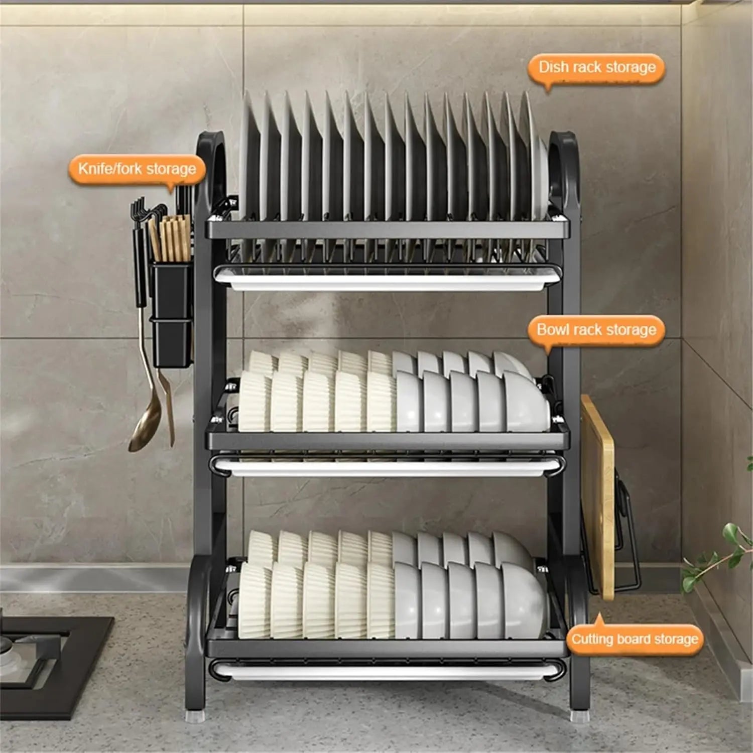 Stainless Steel Three-Tier Space-Saving Dish Rack — Gunmetal | KIMLUD