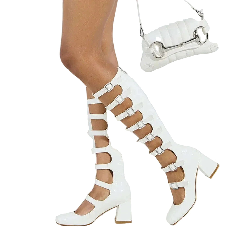 KIMLUD, Punk Buckle Straps Boots Round Toe Back Zipper Knee-high Boots Patent Leather Square Heels 2025 Women New Fashion Sandals Shoes, KIMLUD Womens Clothes