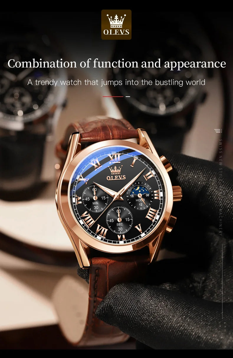 Rose-Gold Chronograph Moon Phase Watch Leather Strap — Black | KIMLUD