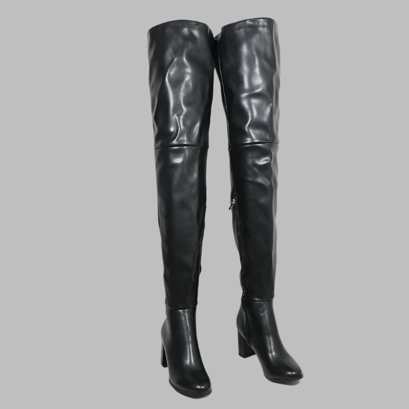 Sorbern Black Matte Block Square Heels Boots For Women Unisex Style Round Toe Mid Thigh High Half Zipper Long Boots Custom