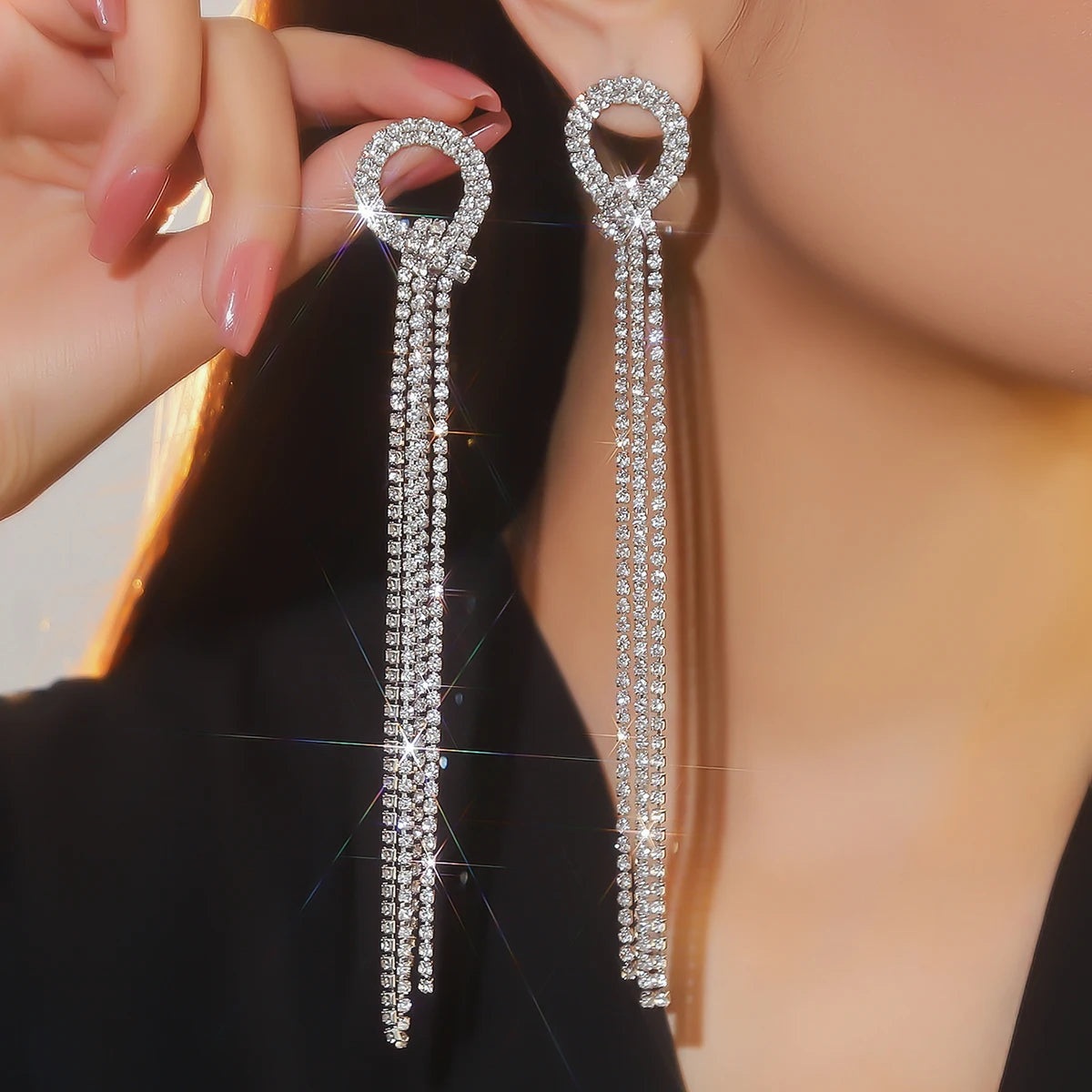 Silver Rhinestones Earrings for Women Sparkly Long Linear Dangle Earrings Dangle Tassels Statement Earrings Bridal Wedding