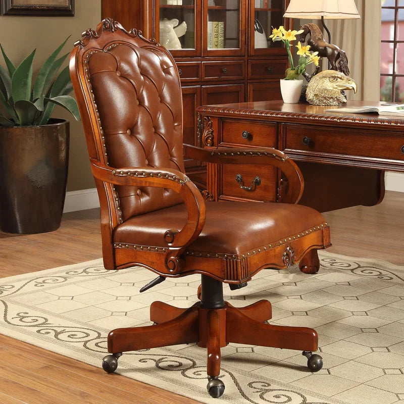 12American Genuine Leather Retro Carved Solid Wood Swivel Chair Office Chair Lift