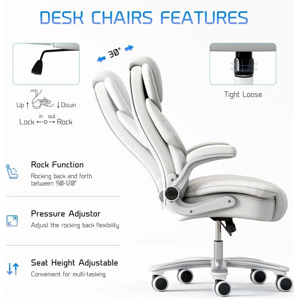 Ergonomic Leather Executive Chair with Wide Seat for 400lb Capacity, High Back and Flip-Up Arms, White