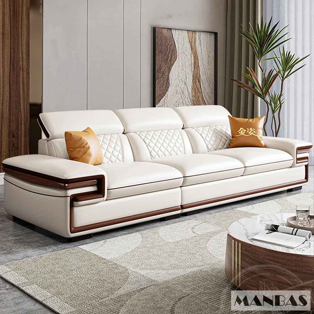 Genuine Italian Leather Sofa Set With Adjustable Headrests — Ivory | KIMLUD