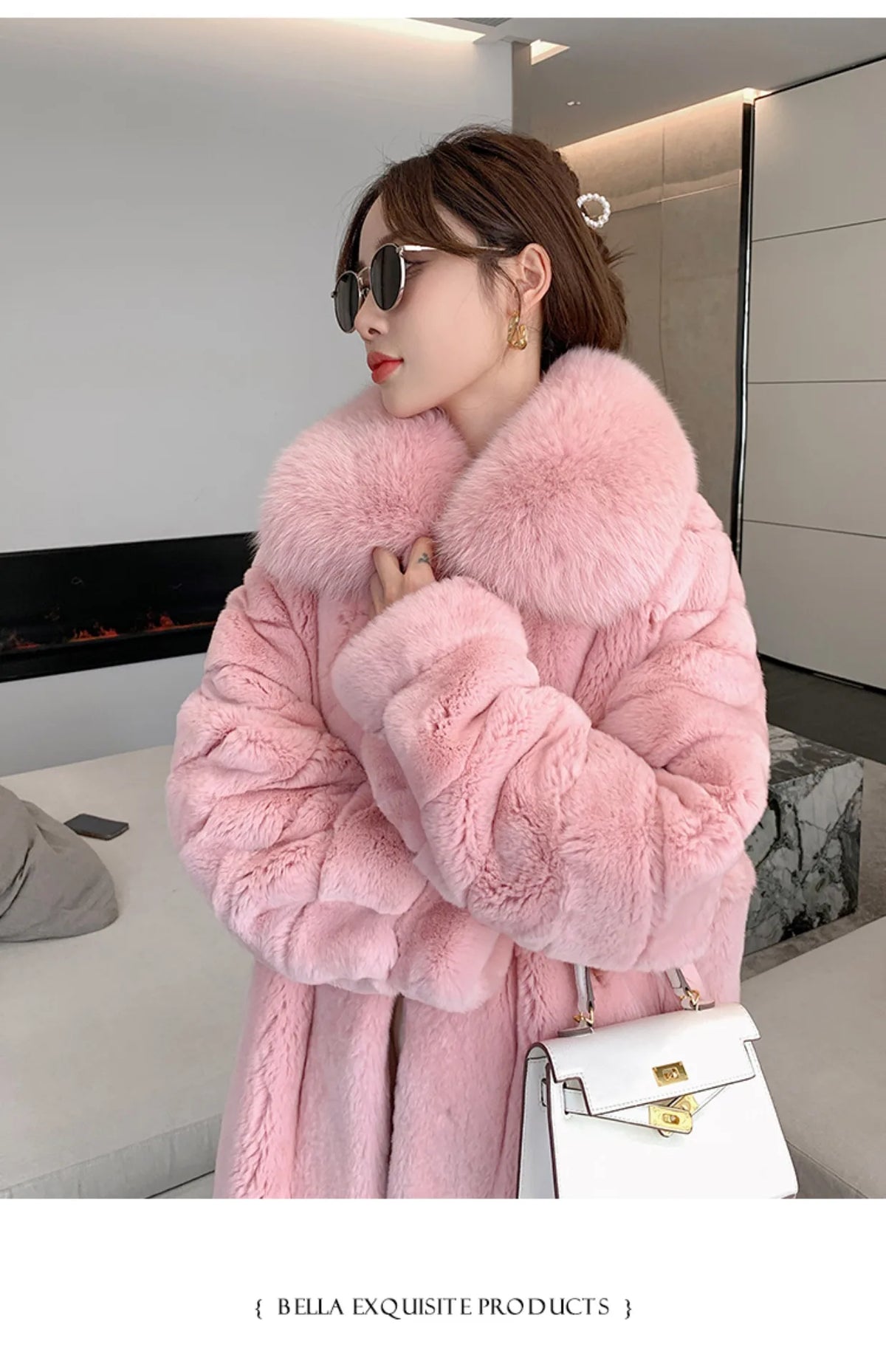 Rabbit Fur Coat – X-Long Rex Rabbit Fur – Fox Fur Collar | KIMLUD